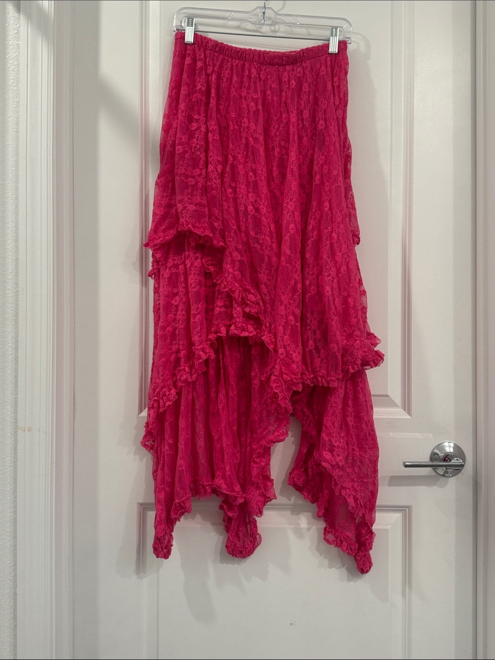 Fuchsia Lace High-Low Tiered Skirt with Elastic Waist